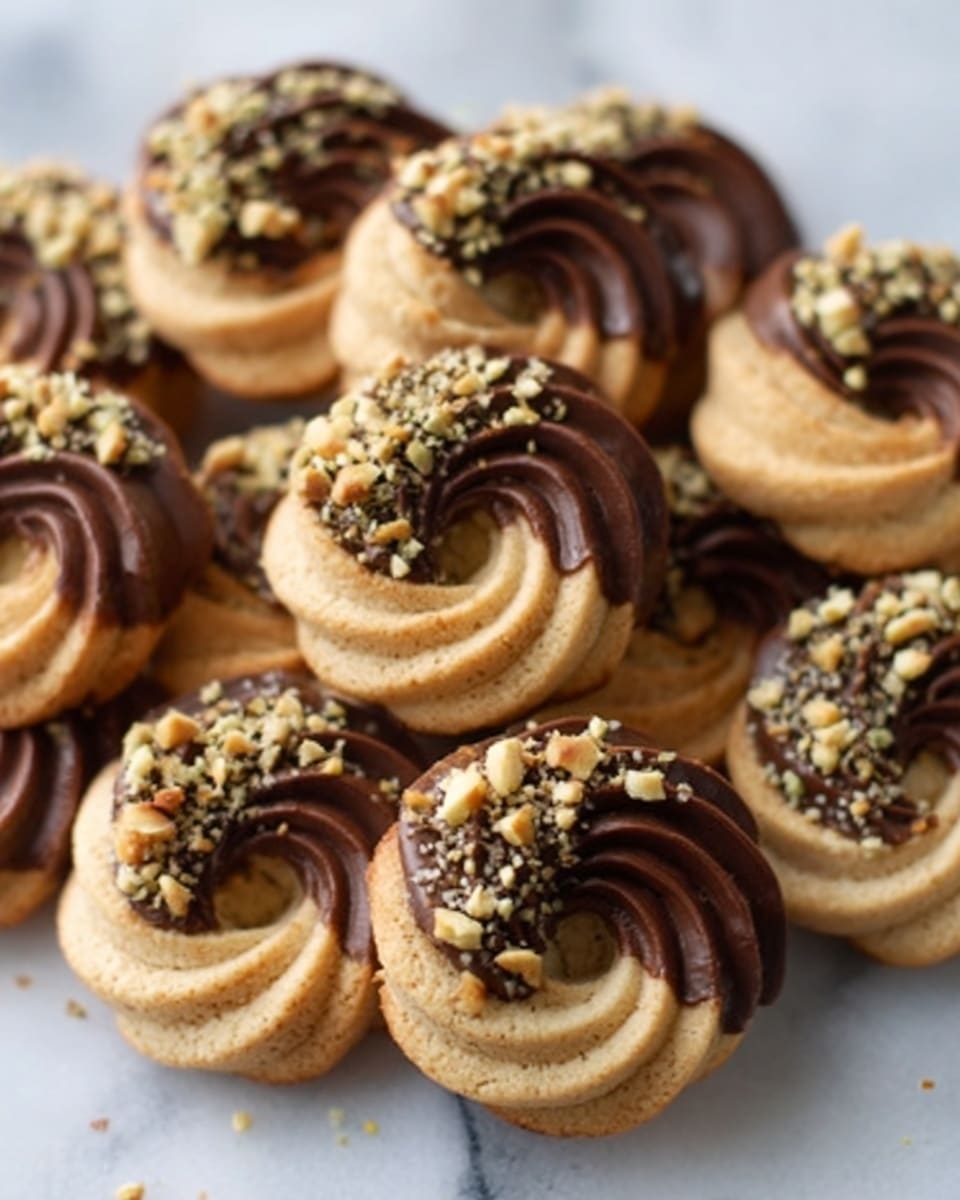 The image shows a pile of round cookies with a swirl pattern on top. Each cookie has a light brown color and smooth texture with a decorative swirl shape. The swirl ends are dipped in dark chocolate and sprinkled with chopped nuts, adding a mix of dark brown and pale yellow colors. The cookies are placed closely together on a white marbled surface. The photo taken with an iphone --ar 4:5 --v 7