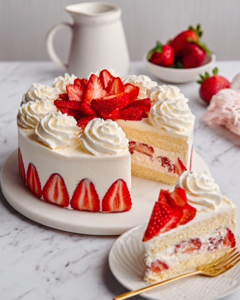 The image shows a slice of strawberry shortcake on a white plate, placed on a white marbled surface. The cake has three main layers: the bottom layer is light yellow sponge cake, followed by a thick layer of creamy pale yellow custard mixed with fresh red strawberry slices. Above that is another layer of light yellow sponge cake. The top of the cake is covered with a thick layer of white whipped cream, decorated with whole bright red strawberries dusted lightly with powdered sugar, and a small green mint leaf on top. The slice looks moist and soft with clear layers. Photo taken with an iphone --ar 4:5 --v 7