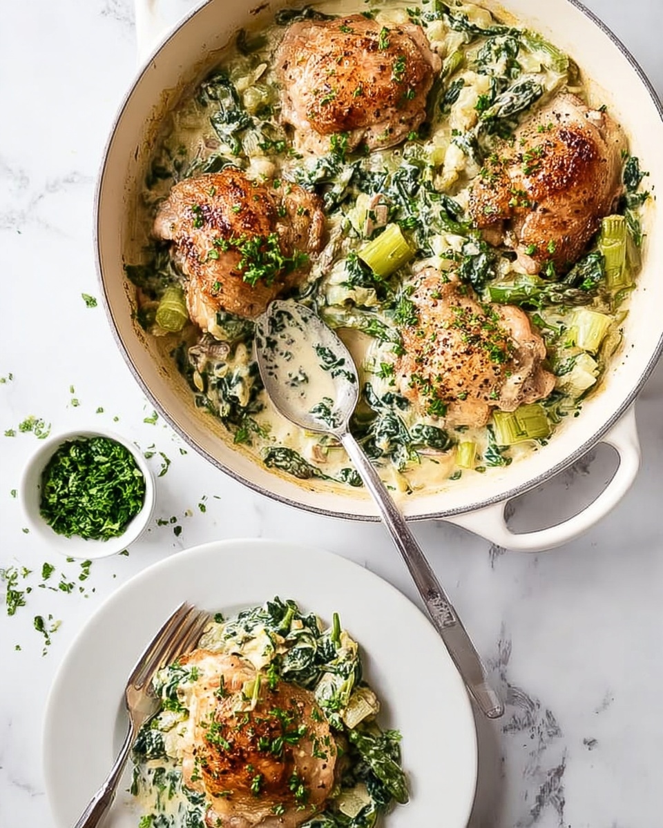 A white round pan filled with a cooked dish showing five pieces of golden brown chicken thighs placed on top of a creamy, green vegetable mixture. The base layer consists of finely chopped green leafy vegetables and small vegetable pieces, mixed into a thick yellowish sauce with a slightly lumpy texture. The chicken thighs are browned with light crispy edges and sprinkled with small bits of fresh green herbs. The pan is placed on a white marbled surface with a small white bowl of chopped green herbs in the background. photo taken with an iphone --ar 4:5 --v 7