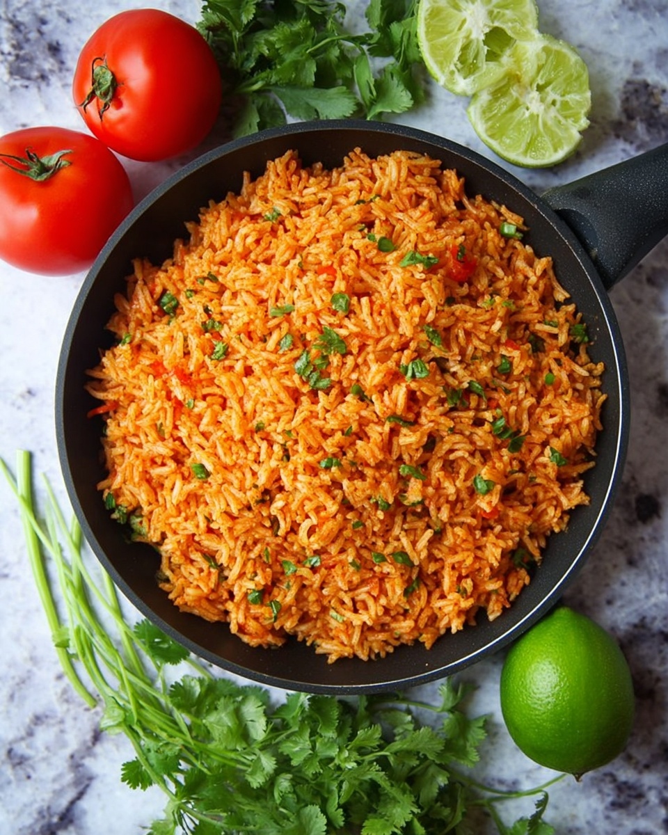 A close-up view of cooked orange-red rice mixed with small bits of tomatoes and finely chopped green herbs, all stirred together inside a white bowl with a blue rim. A dark wooden spoon with an open handle is partially visible, resting on the rice, showing its smooth and slightly shiny texture. The bright green herbs add fresh color contrast scattered evenly over the warm, fluffy rice grains. The bowl is set on a white marbled surface. photo taken with an iphone --ar 4:5 --v 7