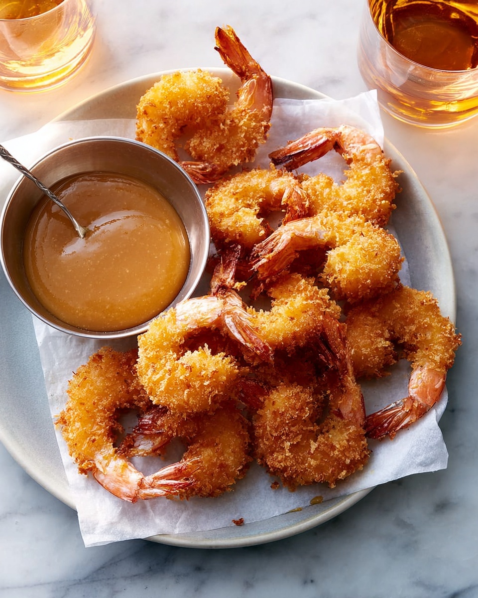 A white plate holds a layer of golden brown breaded fried shrimp with tails showing, arranged in a loose pile on semi-transparent white parchment paper. To the side of the shrimp is a small silver bowl filled with a smooth, light brown dipping sauce. The whole setup is placed on a white marbled surface with a glass of amber liquid close by. Photo taken with an iphone --ar 4:5 --v 7