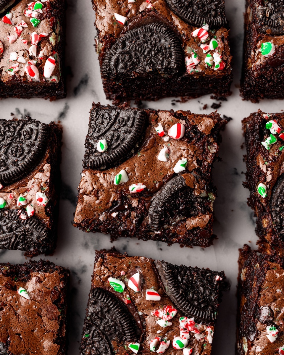 The image shows a close-up of a rich, dark chocolate brownie square topped with whole and broken black and white sandwich cookies embedded in the top layer, which is cracked and slightly glossy. Crushed red, white, and green peppermint candy is sprinkled across the surface, adding a festive touch. The brownie has a dense and fudgy texture, with a slightly rough edge along the corner. The brownie sits on a white marbled textured surface, surrounded by whole cookies lying flat. photo taken with an iphone --ar 4:5 --v 7