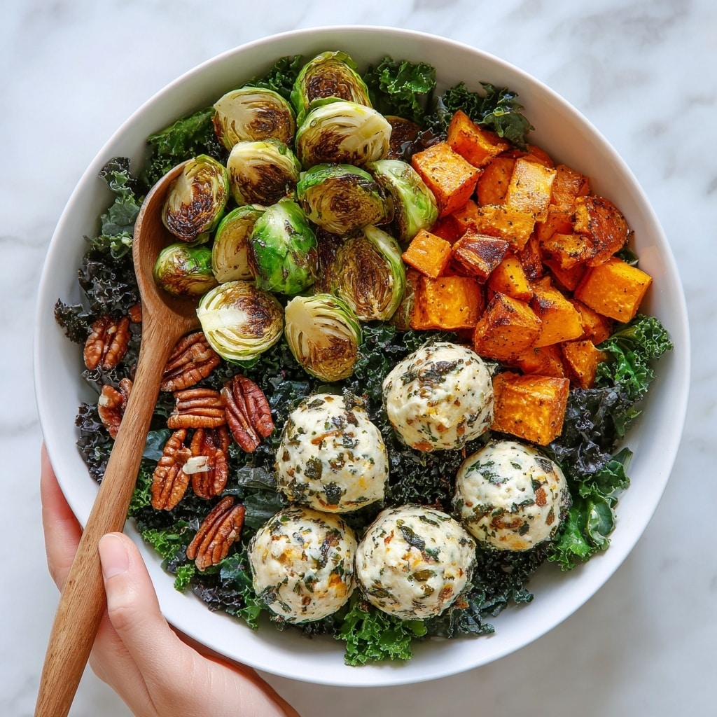 A white plate holds a layered salad standing out on a white marbled surface with a wooden spoon nearby; the base layer is bright dark green kale leaves, rough and curly, covering the whole plate. On top of the kale, there are three sections: one with halved roasted Brussels sprouts showing a slightly charred, golden-brown inside and bright green with a glossy texture, another with roasted orange sweet potato cubes, crisp on edges mixing with some scattered pecans, and the last section with several round, beige cheese balls speckled with herbs and nuts, giving a rough but creamy appearance. Some pecans are also spread around the plate, adding a crunchy texture. Photo taken with an iphone --ar 4:5 --v 7