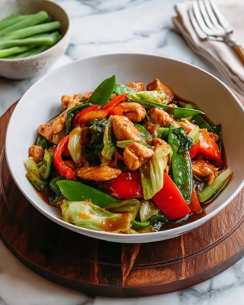 The dish shows a white bowl filled with a colorful stir-fry. The bottom layer is a sauce with a shiny, rich brown color, thick and glossy. On top, there are several layers of vegetables including bright green snow peas, pale green bok choy, and thin carrot slices with a softer texture. Mixed with the vegetables are pieces of light brown chicken that look tender and slightly crispy on the edge. There are some garlic pieces scattered around, adding a light cream color. The bowl sits on a wooden round board on a white marbled surface. In the background, the edge of a woman's hand is visible reaching toward the bowl. Photo taken with an iphone --ar 4:5 --v 7