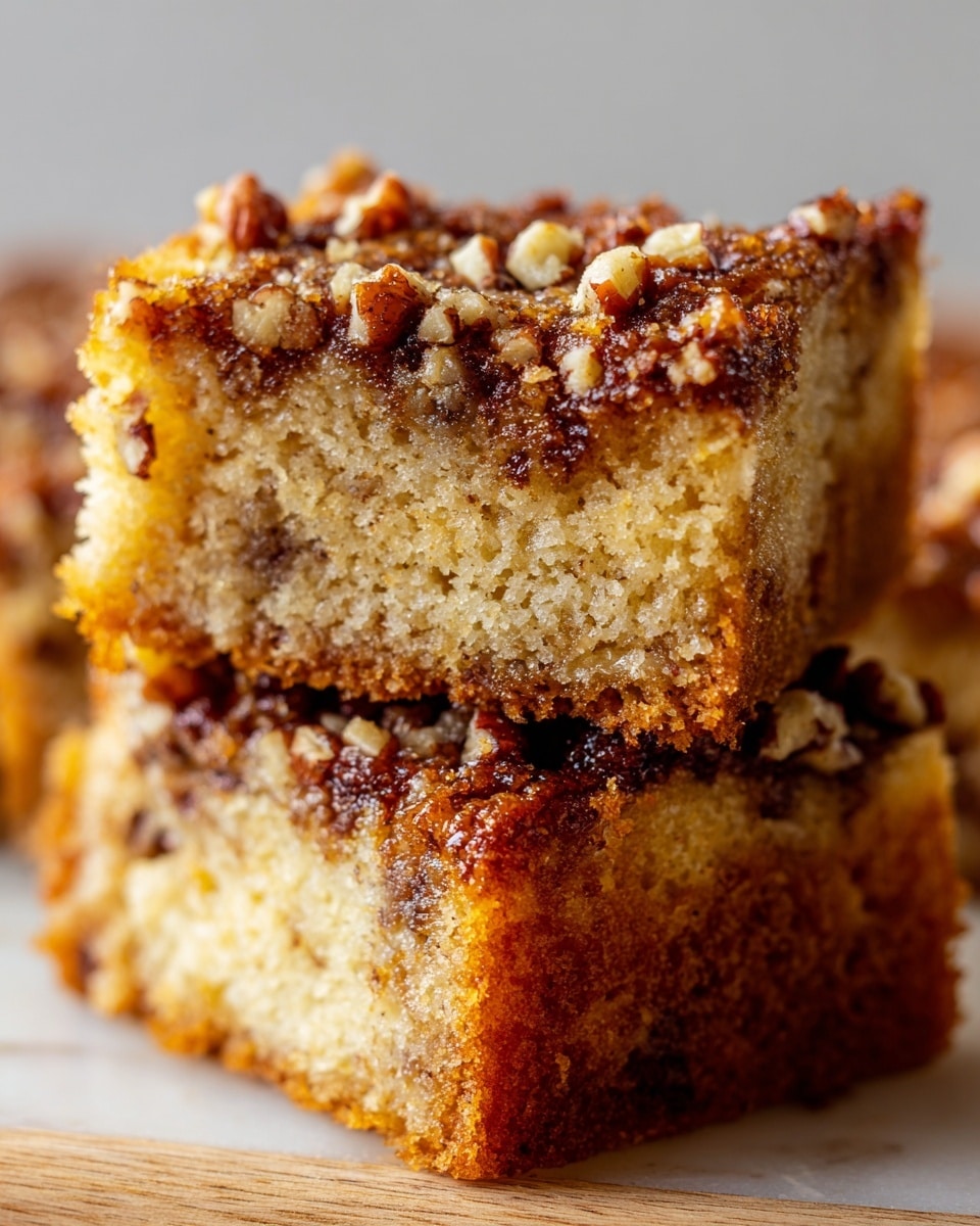 The image shows four thick slices of nut bread placed closely in a row on a wooden surface. Each slice has two visible layers: a dense, light brown crumb base with small nut pieces embedded throughout, and a golden-brown crust on top that is rough and slightly crunchy with scattered pecan pieces. The nuts add a glossy texture to the crust, giving a rich, crunchy appearance. The edges are darker and crispier, highlighting the baked texture. The wooden surface beneath contrasts with the warm tones of the bread, emphasizing the moist inside and crisp top. Photo taken with an iphone --ar 4:5 --v 7