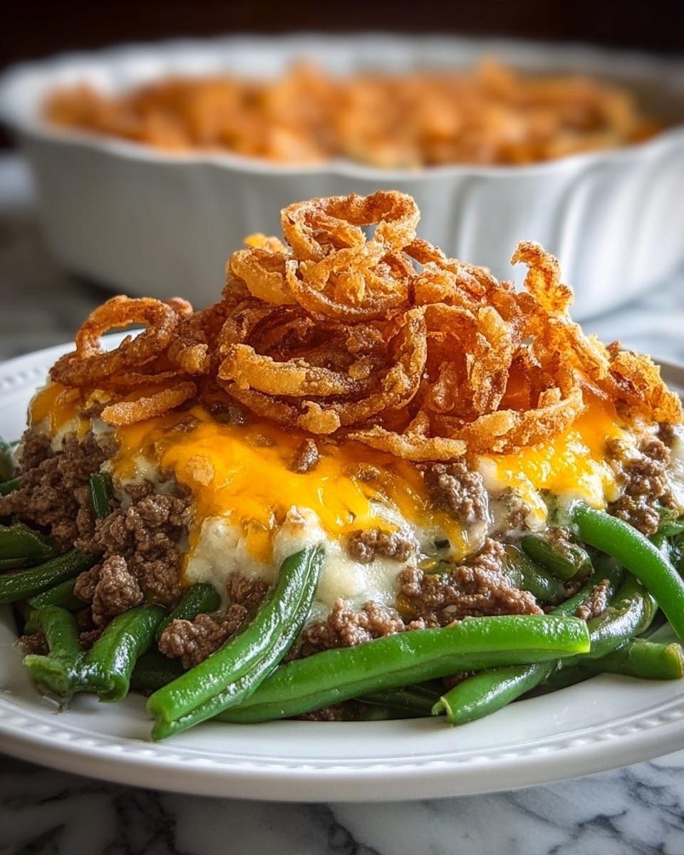 A close-up of a layered dish served on a white plate set on a white marbled texture surface. The bottom layer consists of vibrant green beans with a smooth, fresh texture. On top of the green beans is a thick layer of cooked ground beef mixed with melted white cheese, creating a creamy and rich look. Above this is a bubbly, melted layer of orange cheddar cheese spread evenly, adding a bright contrast. The dish is topped with a generous pile of golden-brown crispy fried onions, showing a crunchy texture with curled shapes. In the background, there is a blurry white baking dish with a similar cheese-topped food inside. Photo taken with an iphone --ar 4:5 --v 7