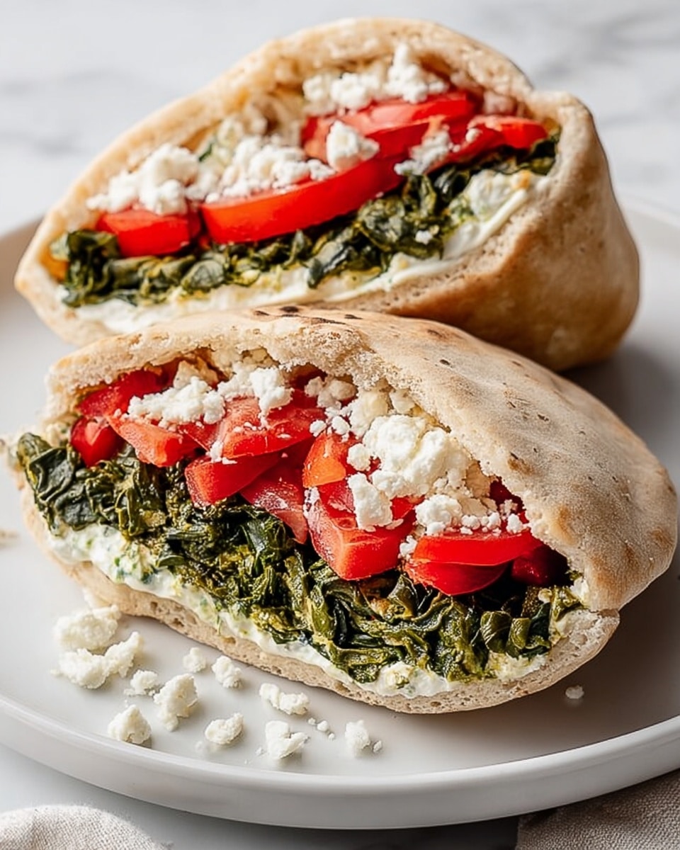 Two halves of a pita sandwich sit on a white plate with a white marbled background. Each pita is cut open to reveal four layers inside: the bottom layer is a creamy white spread, above it is a thick layer of cooked green leafy vegetables, then a layer of bright red tomato slices, topped with crumbled white cheese. The pita bread itself is light brown with a soft texture, and some crumbs of cheese are scattered on the plate around the sandwiches. photo taken with an iphone --ar 4:5 --v 7