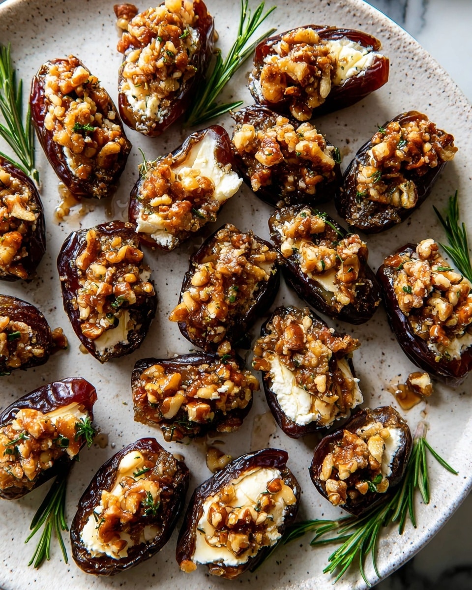 The image shows a round white plate filled with dark brown dates that are halved and stuffed with a creamy white cheese layer. On top of the cheese, there is a generous sprinkle of crushed nuts, light brown with some small herb pieces mixed in, giving a crunchy texture. The dates are arranged close together, and a few small sprigs of green rosemary are placed among them. In the background, there is a slice of bright orange fruit, slightly out of focus, all set on a white marbled surface. Photo taken with an iphone --ar 4:5 --v 7