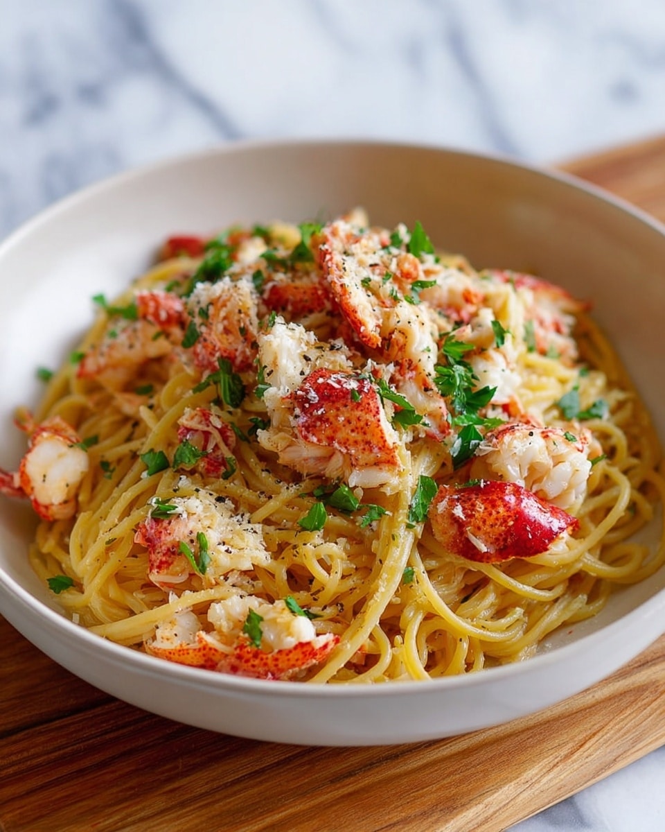 A round white bowl is filled with a layered dish showing yellow spaghetti noodles on the bottom, followed by scattered chunks of red and white lobster meat mixed throughout. On top of the pasta and lobster, there are small green parsley leaves sprinkled evenly, along with some finely grated white cheese and a light dusting of black pepper. The textures look soft and slightly oily, and the bowl sits on a wooden board with a white marbled surface in the background. photo taken with an iphone --ar 4:5 --v 7