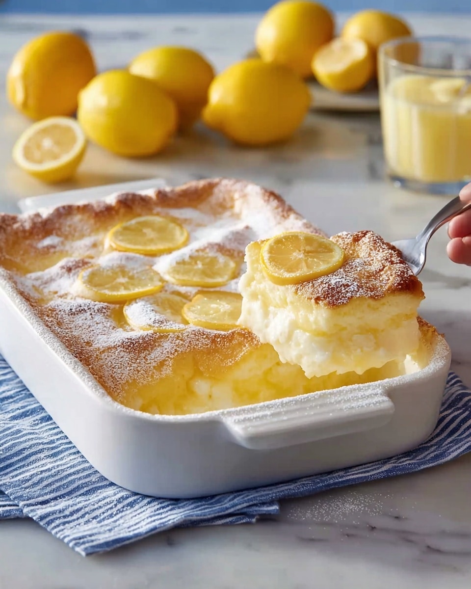 The image shows a rectangular lemon custard dessert in a white ceramic baking dish, placed on a folded blue cloth on a white marbled surface. The dessert has three visible layers: a golden-brown crust on the edges with a slightly crispy, uneven texture, a smooth and creamy pale yellow lemon custard layer in the middle, and a light dusting of white powdered sugar on top covering small, rounded puffs of baked crust. A portion is scooped out, revealing the soft custard inside with a glossy, slightly runny texture, while the crust edges maintain their shape. In the background, blurred yellow lemons add a fresh feel to the scene. photo taken with an iphone --ar 4:5 --v 7