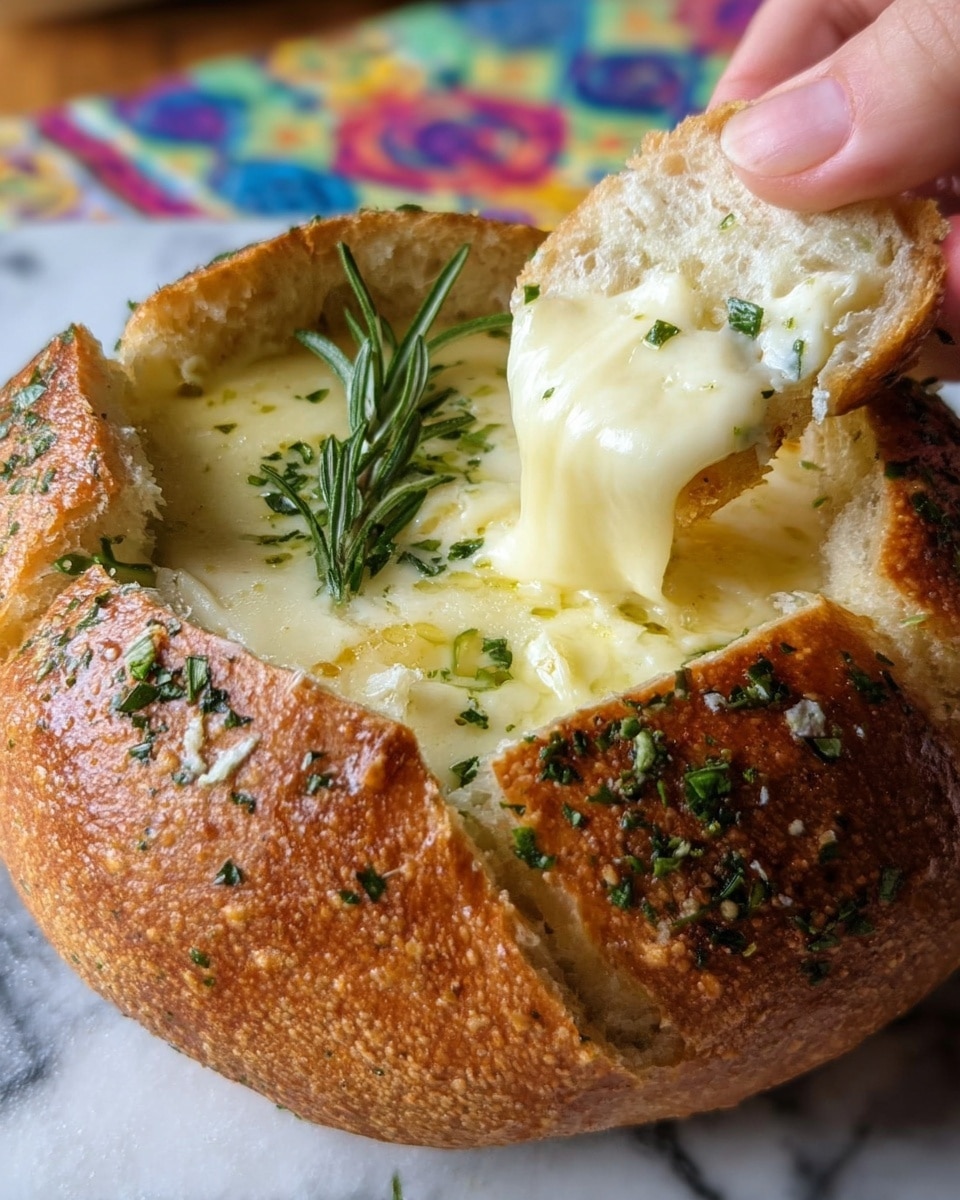 A close-up of a round bread bowl with a golden brown crust, sprinkled with dried green herbs on top and edges. The center is hollowed out and filled with creamy melted cheese that is smooth and pale yellow. A woman's hand is holding a piece of torn bread dipped in the melted cheese, with small bits of herbs on it. A green sprig of rosemary is placed inside the cheese for decoration. The background shows a white marbled surface with a colorful patterned cloth slightly visible. photo taken with an iphone --ar 4:5 --v 7
