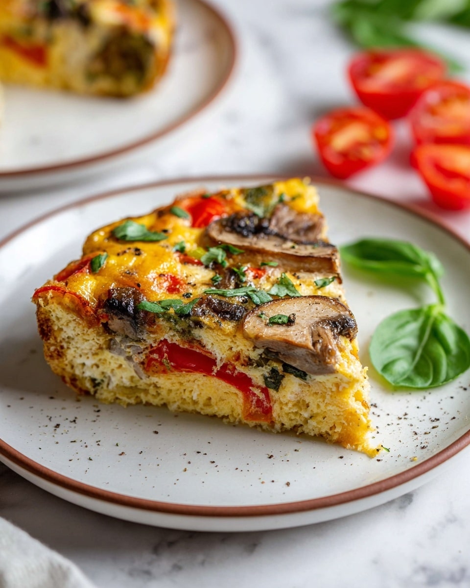 A slice of vegetable frittata with three main layers sits on a white plate with a thin brown rim. The bottom layer is a light yellow, spongy egg base filled with small pieces of red bell peppers. The middle layer contains chunks of mushrooms and strips of green vegetables. The top layer is golden brown melted cheese sprinkled with chopped fresh green herbs and black pepper. The triangular slice is slightly raised and the surface around the plate is a white marbled texture with some red tomato pieces and green basil leaves nearby. Photo taken with an iphone --ar 4:5 --v 7