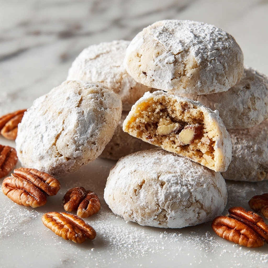 A close-up view of several small, round cookies with a light, cracked texture covered in a thin layer of white powdered sugar. One cookie is broken in half, showing a soft, crumbly light brown interior with bits of pecans visible. The cookies are stacked in a loose pile on a white marbled surface, with some pecans scattered nearby. The overall look is cozy and rustic. Photo taken with an iphone --ar 4:5 --v 7