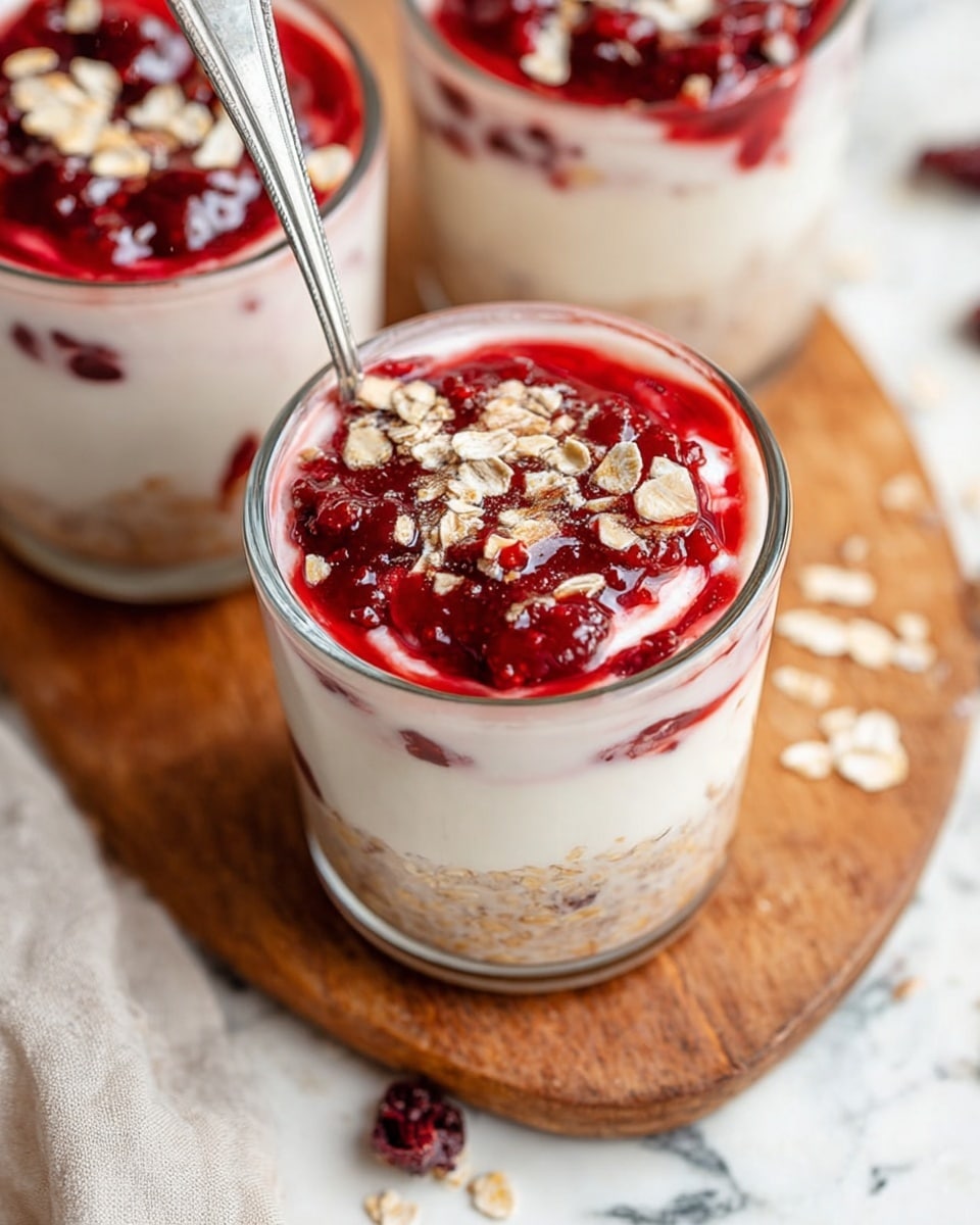 Three clear glass cups filled with a creamy pink mixture, each topped with a smooth white layer of cream. On top of the cream, there are small clusters of crunchy oat flakes and bits of dark red fruit, arranged unevenly. Two spoons are placed inside two of the glasses, and a woman's hand holds one glass gently at the edge. The glasses are set on a light wooden board placed on a white marbled texture. Bright orange fruits and green leaves are softly blurred in the background. Photo taken with an iphone --ar 4:5 --v 7
