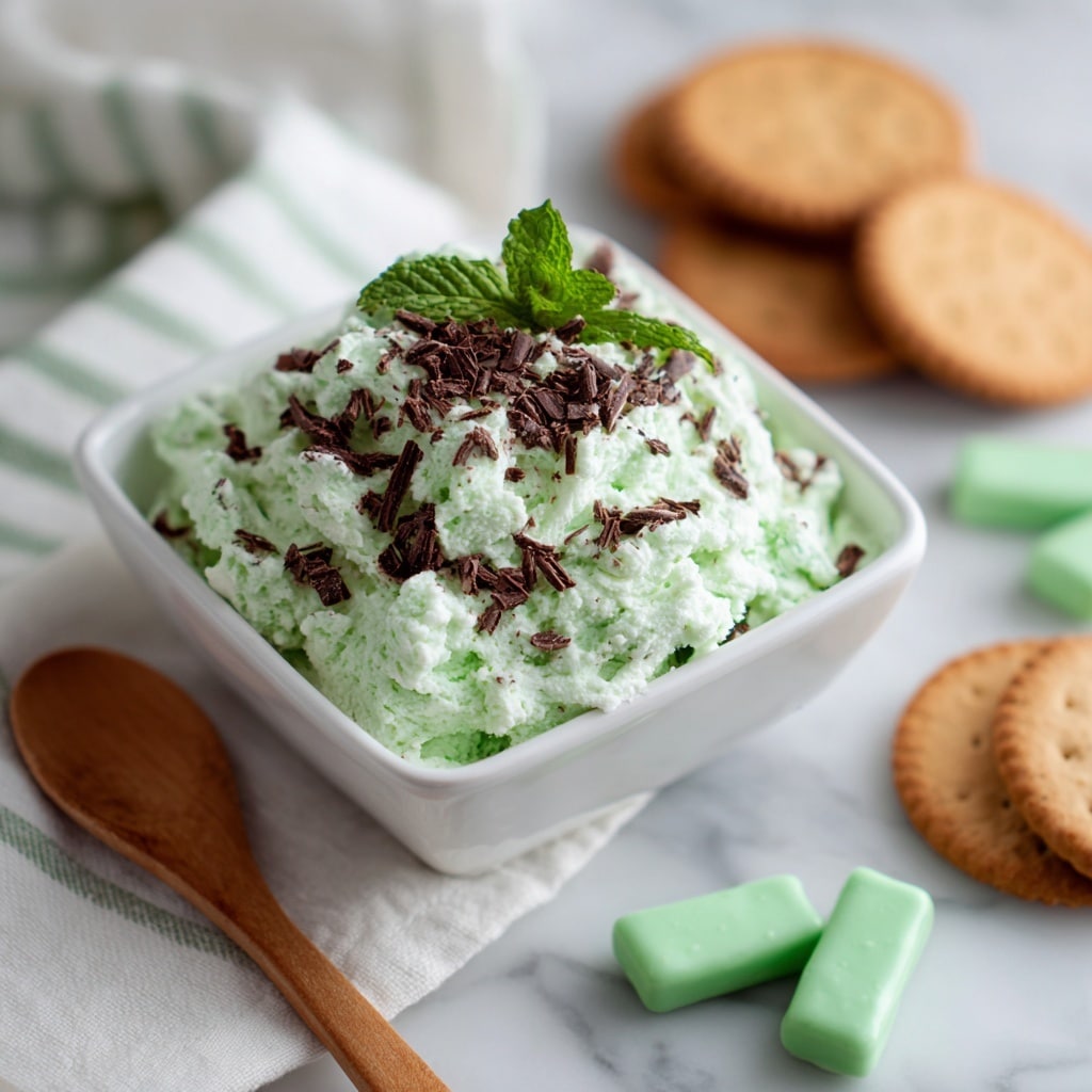 A white square dish filled with fluffy light green mint dessert topped with small dark chocolate shavings scattered over the surface. Around the dish, there are several unwrapped rectangular green mint candies and a few round light brown cookies placed on a white marbled surface. A wooden spoon lies on a white cloth with thin light green stripes behind the dish. Photo taken with an iphone --ar 4:5 --v 7