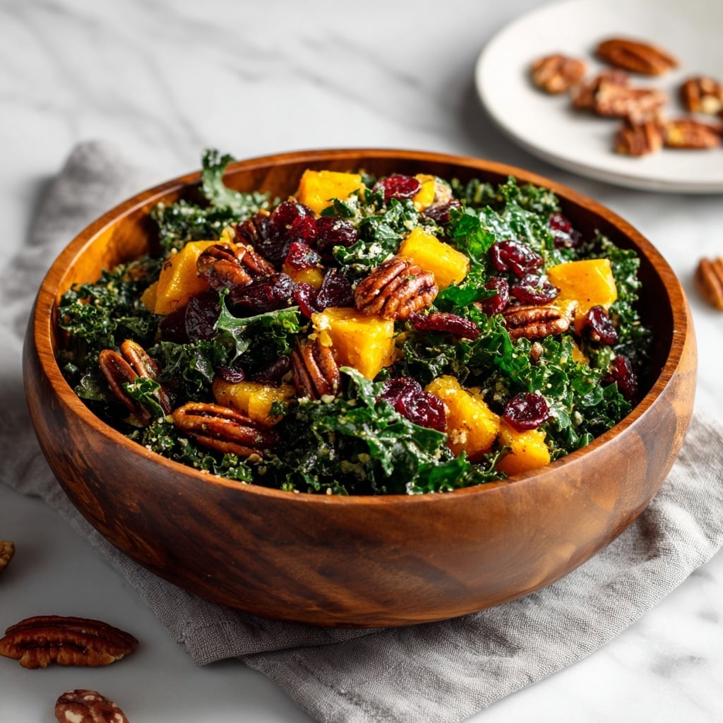A wooden bowl filled with a kale salad showing deep dark green curly kale leaves as the base layer. On top, there are bright orange roasted butternut squash cubes with a slightly browned texture, scattered shiny red pomegranate seeds, and whole toasted pecans with a warm brown color. Small bits of crispy bacon pieces, reddish-brown in color, are sprinkled evenly throughout. The bowl is on a wooden table with wooden salad spoons next to it, and small white bowls containing pecans and pomegranate seeds nearby. Photo taken with an iphone --ar 4:5 --v 7