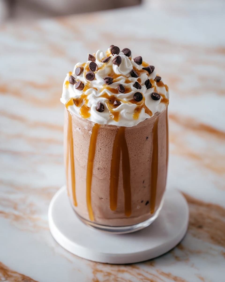 A clear glass is filled almost to the top with a light brown creamy chocolate drink, having a smooth and slightly frothy texture. On top of the drink, a small pile of dark brown chocolate chips rests as a topping. From the top right, creamy light brown chocolate liquid is slowly being poured from a metal container into the glass. The glass sits on a white marbled surface with subtle gray veins and thin golden lines in a grid pattern. Photo taken with an iphone --ar 4:5 --v 7