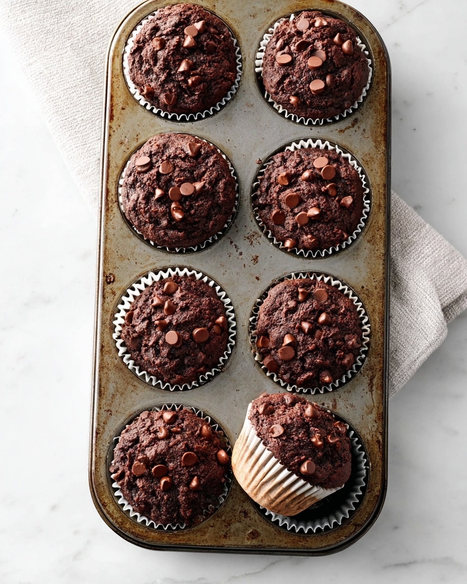 A metal muffin tin holds eight chocolate muffins, each in white paper liners. The muffins have a rough, slightly cracked dark brown surface topped with scattered shiny chocolate chips. The tin is old and stained, with rust marks showing around the edges of the muffin slots. One muffin is tilted on its side in the bottom right corner space. The tin rests on a white marbled surface, with part of a white dish towel showing at the left edge. photo taken with an iphone --ar 4:5 --v 7