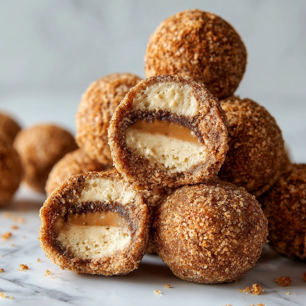 The image shows a close-up of a cookie with a bite taken out, revealing its inside. The cookie has two outer layers that are rough and crumbly, with a warm brown color. Inside, there is a soft, creamy white filling layer that looks smooth and thick. The cookie is stacked on top of another cookie, and more cookies are blurred in the background. The background surface is a white marbled texture. photo taken with an iphone --ar 4:5 --v 7