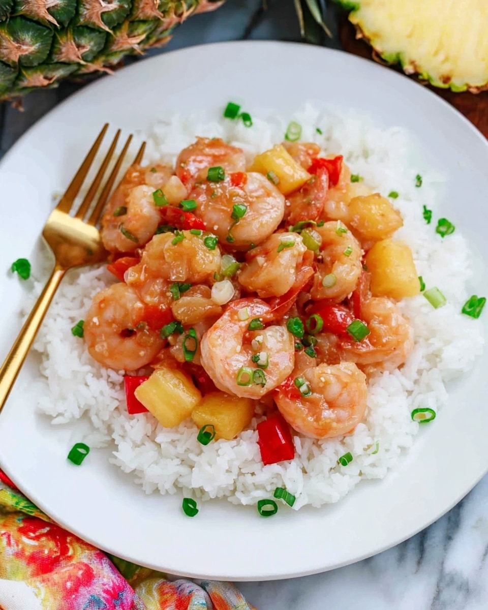 A white bowl filled with cooked shrimp that are orange-pink and slightly curled, mixed with bright yellow pineapple cubes and vibrant red bell pepper pieces. The dish is shiny with a thick, glossy sauce coating all the ingredients. Sprinkled white sesame seeds and small green chives add texture and color contrast on top. A wooden spoon holds a mix of shrimp, pineapple, and pepper, lifting some of the food inside the bowl. The scene has a clean white marbled background. photo taken with an iphone --ar 4:5 --v 7