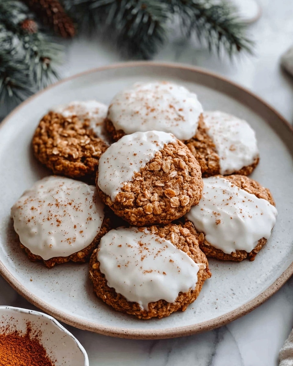 A group of round cookies with a rough, crumbly texture are shown on a white plate with a slightly raised edge. Each cookie is half-covered with a smooth, white icing, which is sprinkled lightly with a reddish-brown powder. The cookies have a warm brown color with visible bits of oats or nuts, arranged in a slightly overlapping way. The plate rests on a white marbled surface with pine branches and a small white dish with some of the reddish powder nearby. photo taken with an iphone --ar 4:5 --v 7