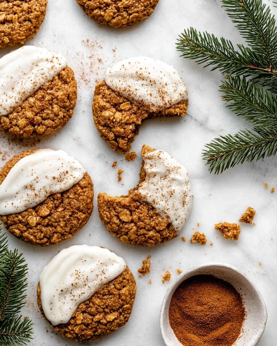 The image shows several round oatmeal cookies spread out on a white marbled surface. About half of the cookies are dipped halfway in white icing, which is sprinkled with brown powder, likely cinnamon. The cookies have a rough, crumbly texture with visible oats throughout. A few cookies appear broken with crumbs scattered around them. On the right bottom corner, there is a small white bowl filled with a brown powder. Some green pine branches are placed around the top left and bottom left corners, adding a festive touch. photo taken with an iphone --ar 4:5 --v 7