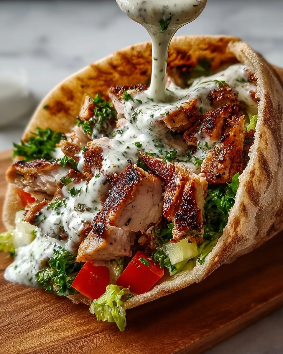 A pita sandwich is filled with several layers, starting with a bottom layer of diced red tomatoes and green lettuce, topped with a generous amount of chopped, grilled chicken with a dark, crispy brown outside and juicy inside. Fresh parsley is scattered throughout for a touch of green, and creamy white sauce with green herbs is being poured over the top, dripping down the sides of the pita. The pita bread is warm and light brown with a slightly toasted texture on the edges. The sandwich is held above a white marbled surface on a wooden board. Photo taken with an iphone --ar 4:5 --v 7