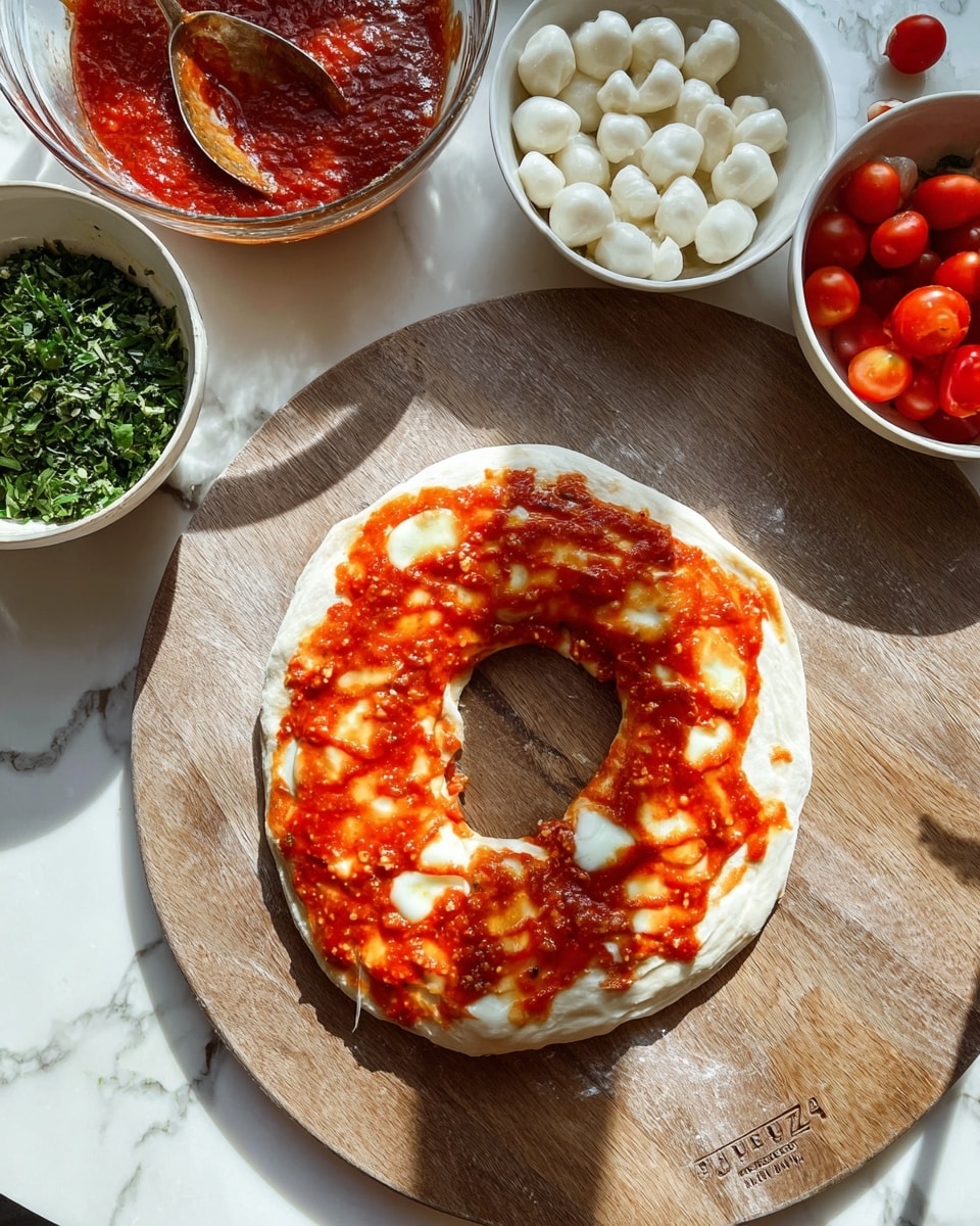 A ring-shaped piece of dough laid flat on a wooden pizza peel is topped with uneven layers of red tomato sauce mixed with melted white cheese. Around the peel, on a white marbled surface, there are three white bowls: one with bright green chopped herbs, one with a thick red sauce and a spoon inside, and another bowl filled with small white mozzarella balls and halved cherry tomatoes in bright red. A small white bowl with a green pesto sauce is also visible nearby. The sunlight casts soft shadows, creating a bright and fresh atmosphere. Photo taken with an iphone --ar 4:5 --v 7