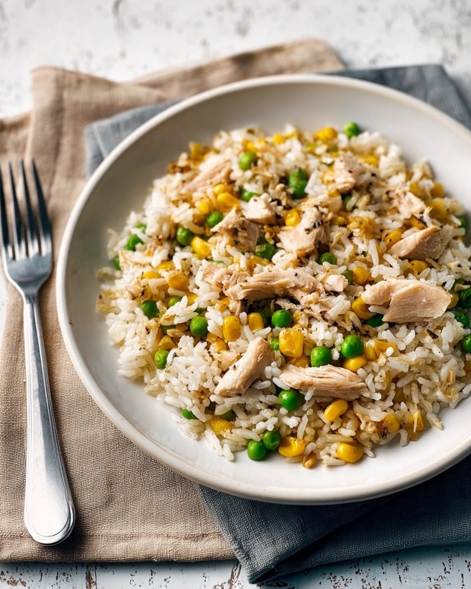 A close-up of a white bowl filled with cooked white rice mixed evenly with small yellow corn kernels, green peas, and small pieces of light brown cooked chicken, all sprinkled with black pepper. The rice looks fluffy, and the chicken pieces have a smooth texture with a slightly browned edge. The bowl is placed on a white marbled surface next to a fork and a beige cloth napkin. photo taken with an iphone --ar 4:5 --v 7