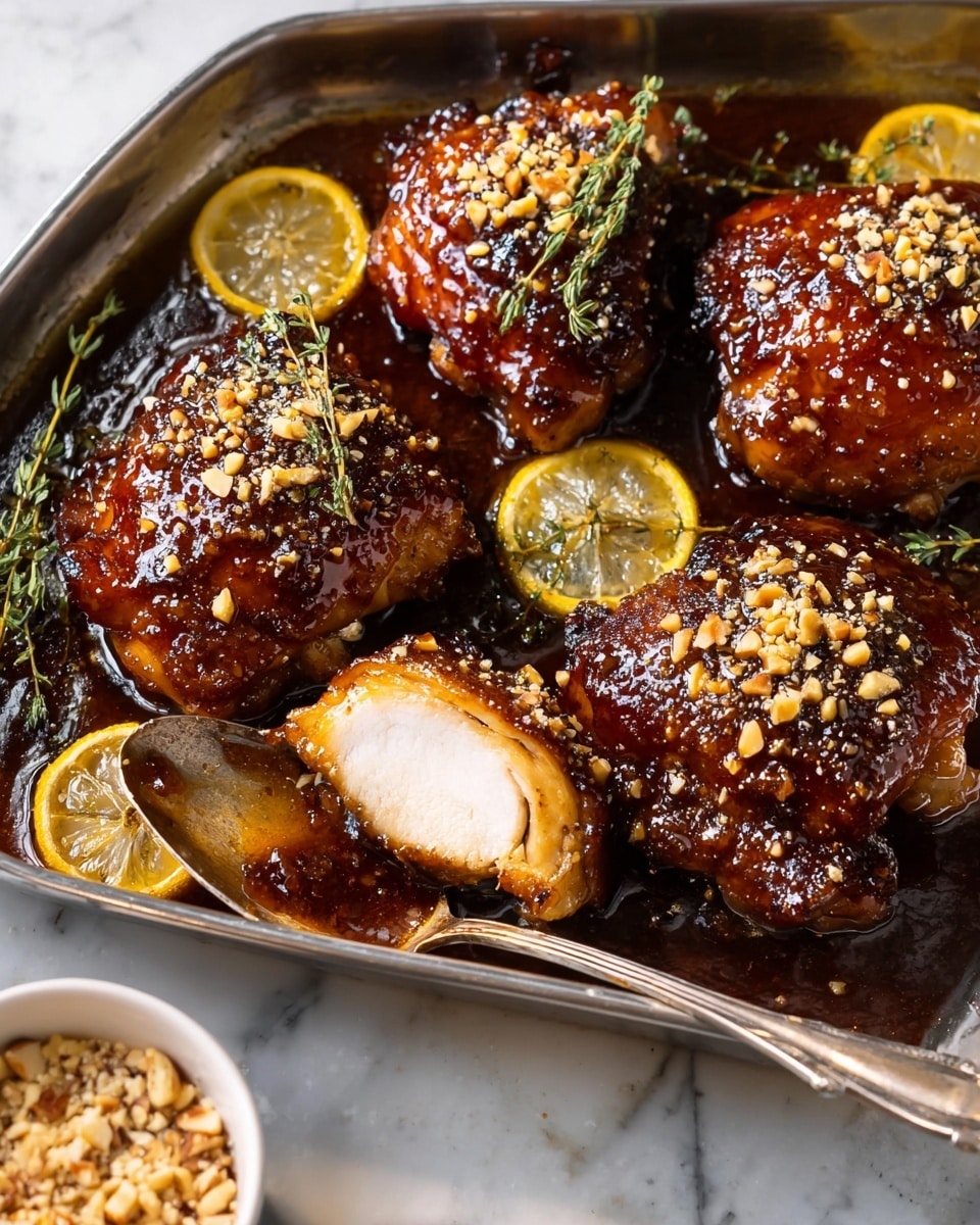 Two cooked chicken breasts are placed on a white plate over a white marbled surface. Each chicken breast has a soft white cheese layer stuffed inside, visible through cuts on the top. A glossy, thick dark red-brown sauce is generously spread over the cheese and part of the chicken, with some sauce pooling around the base. Small green herb sprigs rest on top of the sauce, adding a fresh touch. The chicken has a slightly browned, juicy texture, showing a well-cooked surface. Photo taken with an iphone --ar 4:5 --v 7