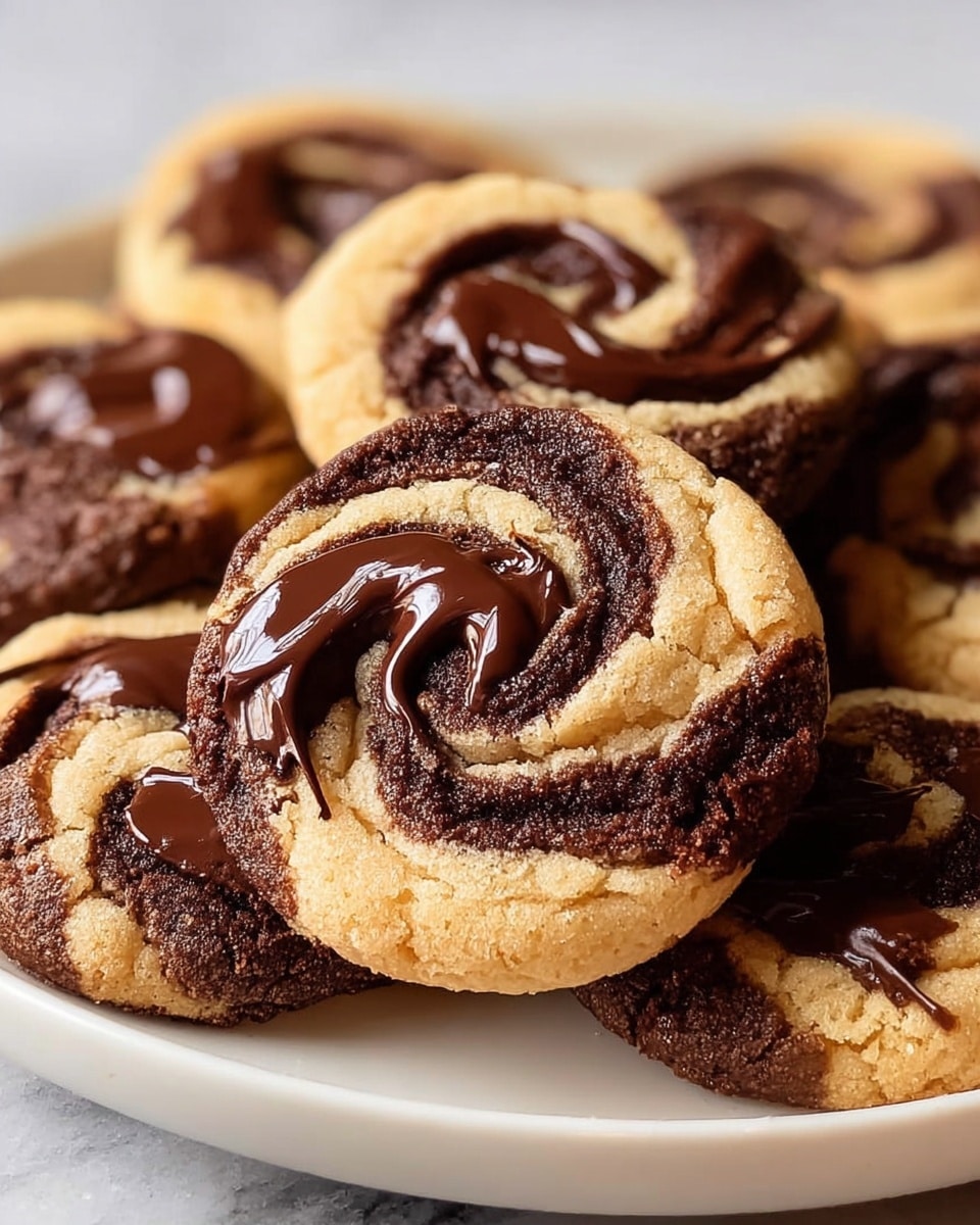 A close-up view of several swirl cookies arranged together on a white plate, each cookie showing two main layers: a light beige, soft cookie dough base twisted with a dark rich brown chocolate dough forming a spiral pattern. The top of each cookie has thick, glossy swirls of melted chocolate spread unevenly across the surface, adding a shiny, smooth texture. The cookies have a slightly cracked edge, showing their soft, chewy inside, and they are stacked closely on a white marbled texture background. photo taken with an iphone --ar 4:5 --v 7