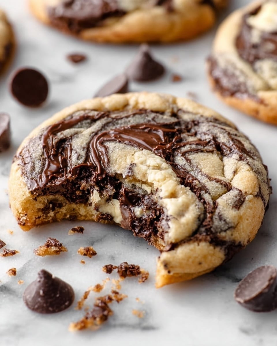 A close-up of a round cookie with a bite taken from the side showing a soft inside, layered with swirls of dark chocolate and cream-colored cookie dough on top, giving a marbled effect. The cookie has a slightly cracked texture around the edges and is placed on a white marbled surface. Around the cookie are some smooth, dark chocolate chips scattered casually. Photo taken with an iphone --ar 4:5 --v 7