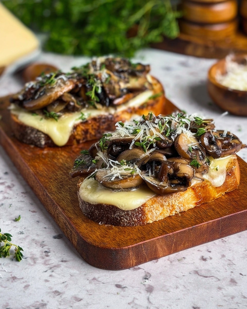 Two pieces of toasted rustic bread sit on a wooden board, each topped with layers. The bottom layer is light golden melted cheese that slightly oozes over the edges of the bread. On top of the cheese, there is a generous heap of sautéed mushrooms in shades of dark brown with a soft, slightly shiny texture. The mushrooms are sprinkled with finely grated pale cheese and small green herb sprigs, adding fresh color and detail to the dish. The whole setting rests on a white marbled surface with a blurred background of green herbs and wooden kitchen tools. photo taken with an iphone --ar 4:5 --v 7