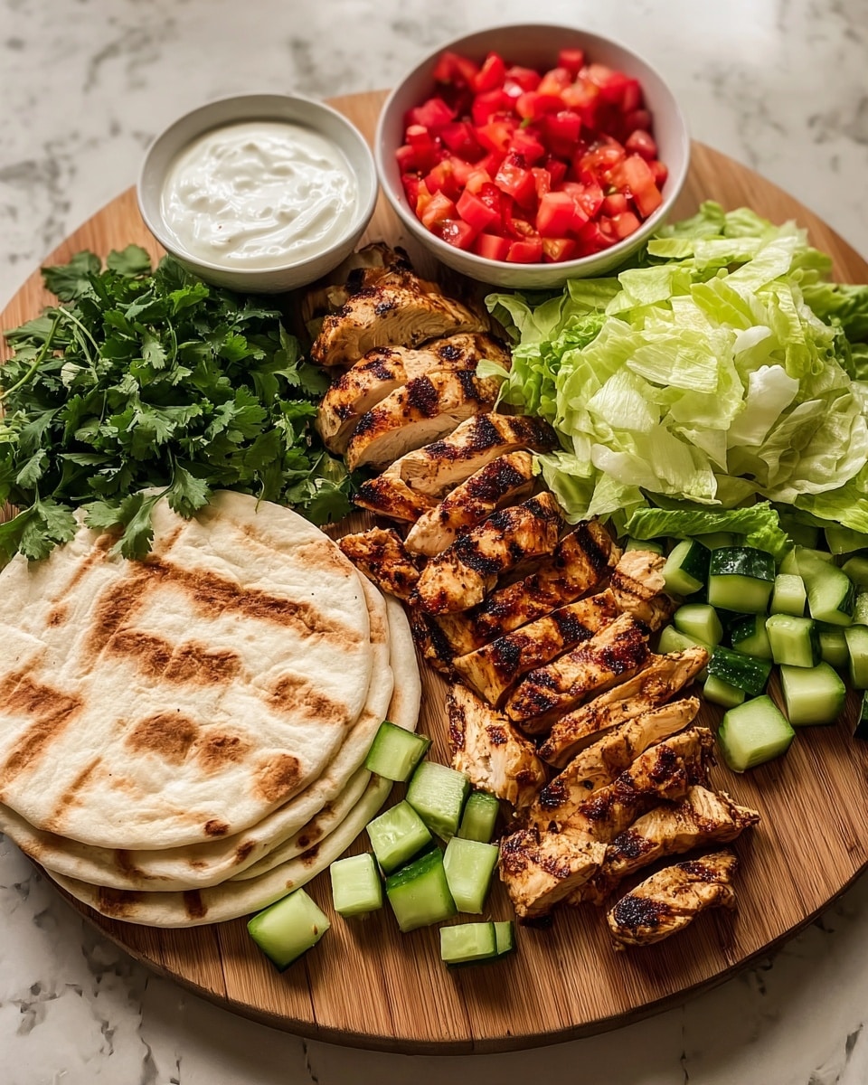A round wooden board holds several layers of food arranged neatly; on the bottom left, there is a stack of light beige grilled flatbreads with brown grill marks, next to small pieces of bright green cucumbers cut into cubes, and to their right, a row of golden brown grilled chicken strips with visible char marks, followed by chopped red tomatoes. Above the chicken, there is a pile of light green torn lettuce leaves with a bowl of diced red tomatoes in a white bowl on the top right. To the left of the tomatoes, there are more chopped cucumbers and fresh dark green cilantro leaves. On the far left, a small white bowl filled with creamy white sauce sits near the greens. The whole setup rests on a white marbled surface. photo taken with an iphone --ar 4:5 --v 7