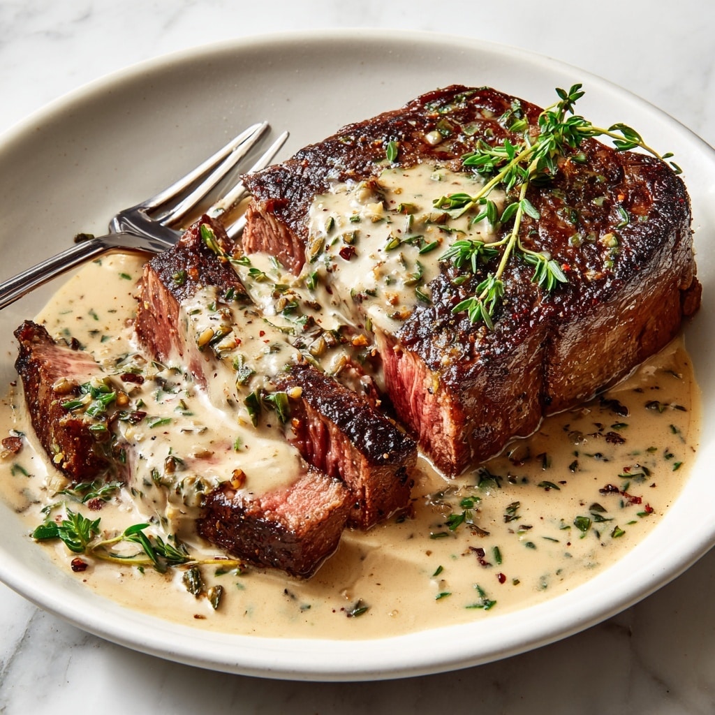 A white plate holds a thick cut of seared steak, partially sliced to show a pink, juicy center with a dark brown crust. The steak is topped with a creamy light tan sauce speckled with herbs and small bits of onion. The sauce pools around the steak, covering the plate and sprinkled with green thyme leaves. A metal fork rests on the edge of the plate. The background is a white marbled texture. photo taken with an iphone --ar 4:5 --v 7