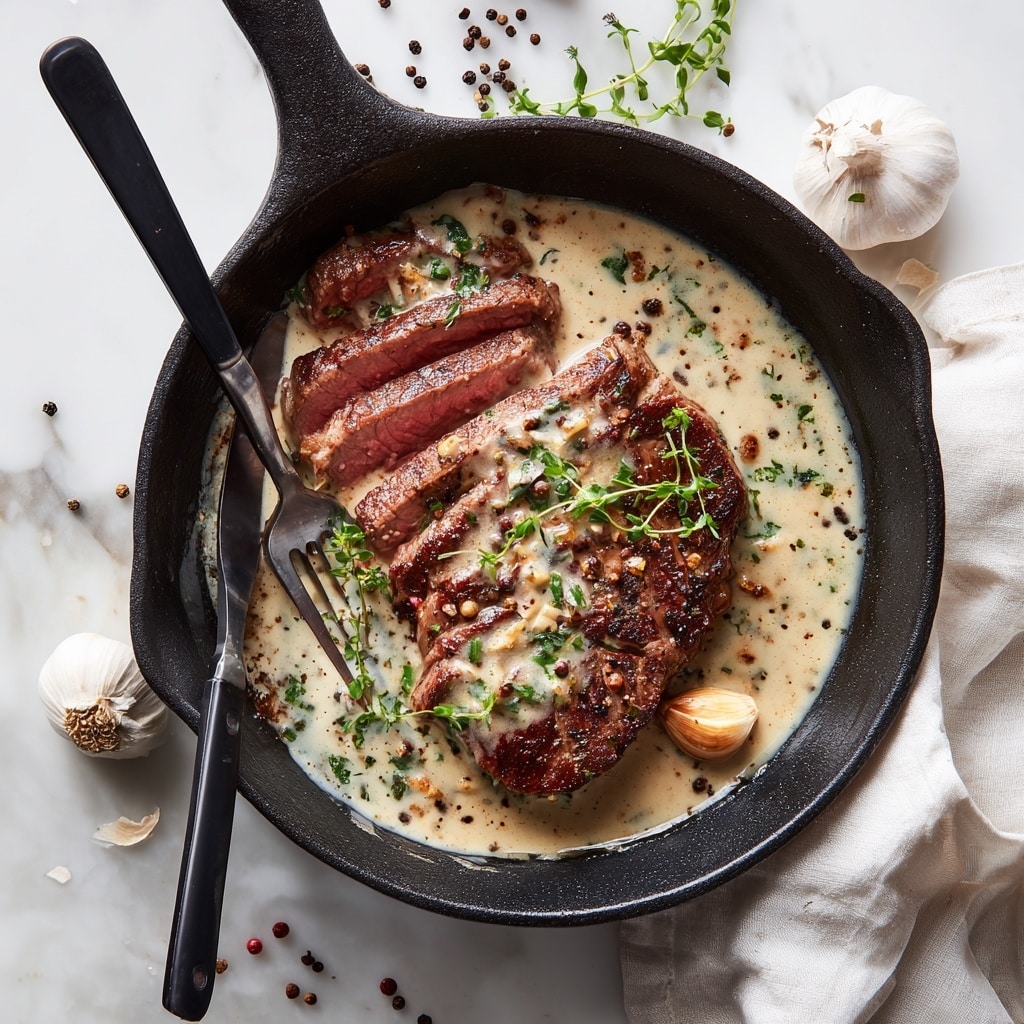 A cooked steak is placed in a black cast iron pan with a creamy light yellow sauce covering part of the steak and pooling around the edges; the steak is sliced in the center to show a pink inside, and it’s garnished with small green herb sprigs; a peeled garlic clove rests near the bottom edge inside the sauce; a black fork and a black knife are placed on the left side inside the pan; the pan sits on a white marbled surface with scattered garlic cloves, peppercorns, and a white cloth beneath the pan. photo taken with an iphone --ar 4:5 --v 7