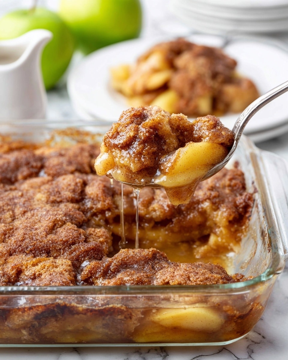 A close-up of a glass baking dish filled with a warm apple cobbler showing two layers: a bottom layer of soft, golden-yellow cooked apple slices covered by a thick, unevenly browned, crumbly, cinnamon-tinted crust layer with a slightly wet and sticky texture from syrup. A metal spoon is scooping a portion, lifting the crust and apple layers together, showing steam and gooey syrup dripping. In the background on a white plate is a serving of the cobbler with a white sauce pitcher nearby, all placed on a white marbled surface with sliced green apples blurred in the back. photo taken with an iphone --ar 4:5 --v 7
