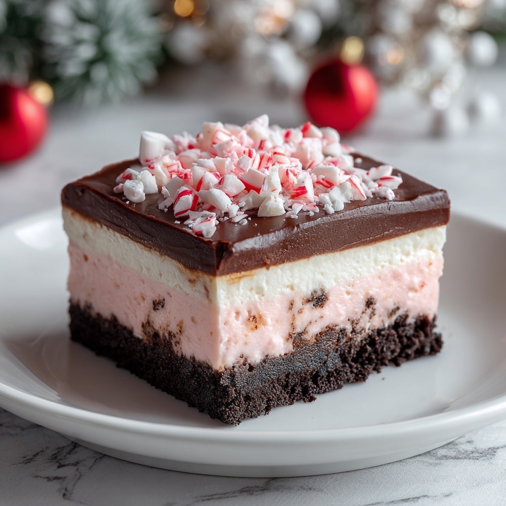 A rectangular dessert in a clear glass dish with three distinct layers: the bottom layer is dark and crumbly, likely chocolate or cookie crust; the middle layer is pink with pieces of red, appearing creamy and soft; the top layer is smooth and dark brown, resembling chocolate mousse or pudding. The dessert is topped with a thick white layer covered with crushed red and white peppermint candy pieces. A portion of the dessert has been removed, showing the clean cut and crumbly crumbs left in the dish. The background surface is a white marbled texture. photo taken with an iphone --ar 4:5 --v 7