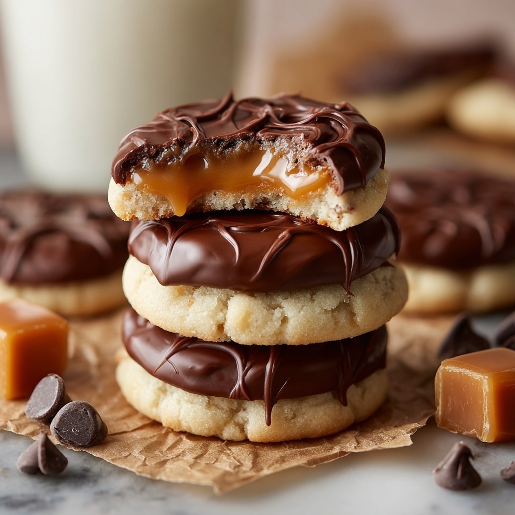 A close-up view of a stack of four round cookies, each with three visible layers: a bottom layer of light beige cookie with a soft texture, a middle layer of shiny caramel that slightly drips down the sides, and a top layer of smooth, glossy chocolate with a swirl pattern, with the cookie on top showing a bite taken out of it revealing the chewy caramel. The stack sits on crumpled brown parchment paper on a white marbled surface. Around the stack are small cubes of caramel, scattered dark chocolate chips, and a broken cookie piece showing its caramel center. In the background, a clear glass of milk and more cookies can be seen slightly out of focus. Photo taken with an iphone --ar 4:5 --v 7