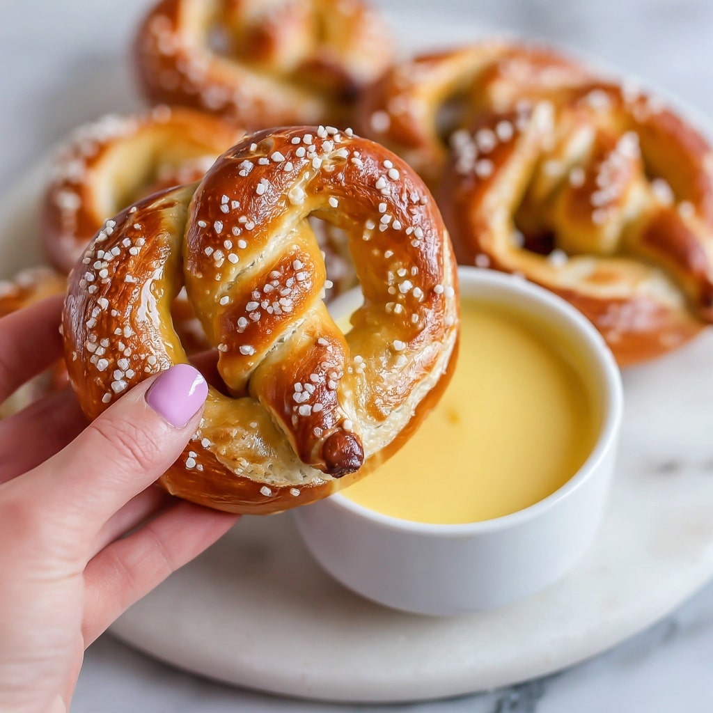 A close-up of a golden brown soft pretzel with a shiny, slightly crispy crust and coarse salt sprinkled on top, being held by a woman's hand with pale pink nail polish. The pretzel has a twisted shape with a smooth but textured surface. It is dipped into a small white bowl filled with yellow melted cheese sauce. Around the bowl, more pretzels with the same golden color and salt are scattered on a white marbled surface. photo taken with an iphone --ar 4:5 --v 7