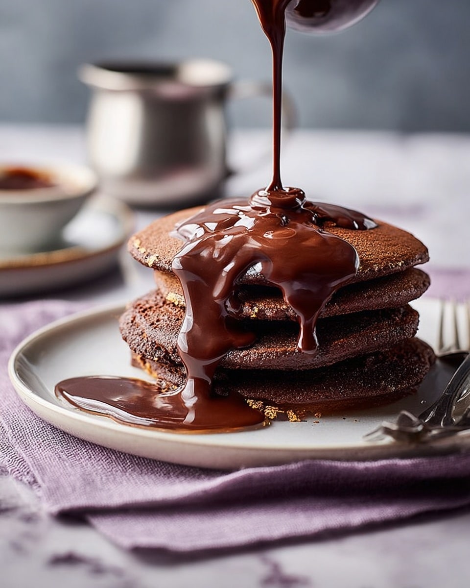 A stack of five thick chocolate pancakes sits on a white plate with a subtle blue pattern. Each pancake is dark brown and fluffy, layered neatly atop one another. Rich, glossy chocolate syrup drips down the sides, creating shiny streams over the edges and pooling slightly at the base. On top, there are several fresh red strawberry slices, fanned out with a bright green leaf visible. Near the plate, some chocolate chips are scattered, and a silver fork lies partially on the plate and on a blue and white cloth beneath. The scene is set against a white marbled surface with a blurred blue and white ceramic cup in the background. Photo taken with an iphone --ar 4:5 --v 7