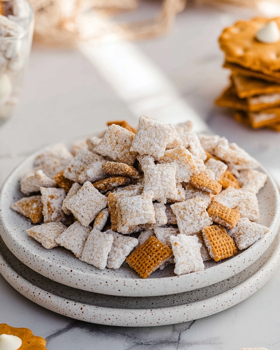 A close-up view of a small pile of snack mix on a white speckled plate, showing square cereal pieces covered in a white powder with small golden-brown biscuit chunks scattered throughout. The plate sits on a stack of two similar white speckled plates, all resting on a white marbled surface. In the corner, there is a piece of golden biscuit topped with a few white chocolate chips, adding contrast to the scene. The lighting is bright and natural, highlighting the texture of the cereal and biscuit pieces. Photo taken with an iphone --ar 4:5 --v 7