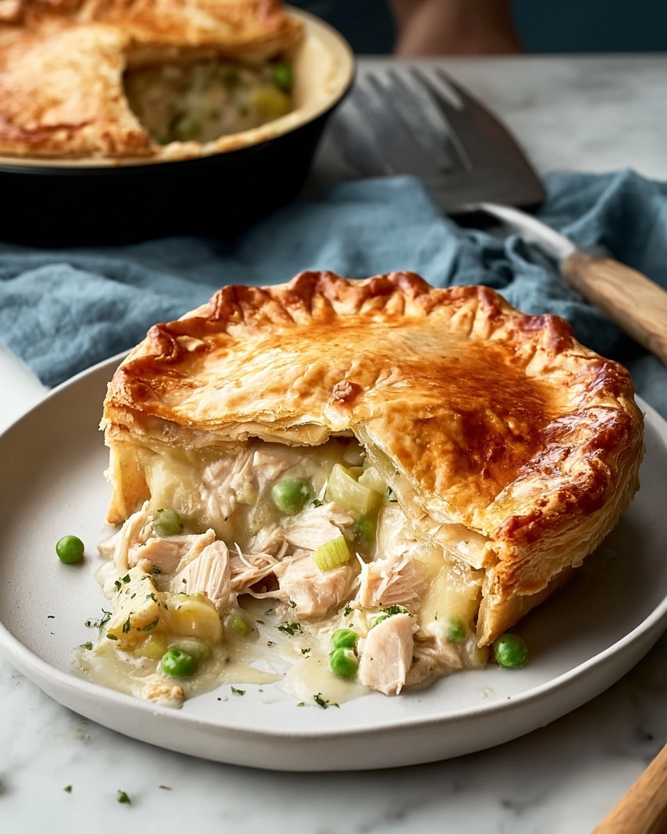 A round chicken pot pie with a thick, golden-brown, flaky top crust sits on a white plate, showing a cut section revealing layers inside. The top crust is shiny and has a crimped edge. Inside, there are chunks of light pink cooked chicken, green peas, and pieces of pale yellow to light green celery or potato mixed in a creamy white sauce. Some filling spills slightly onto the plate. In the background, a black dish with more pot pie and a woman's hand holding a spatula are visible on a white marbled surface, along with a soft blue cloth and a wooden-handled utensil. Photo taken with an iphone --ar 4:5 --v 7