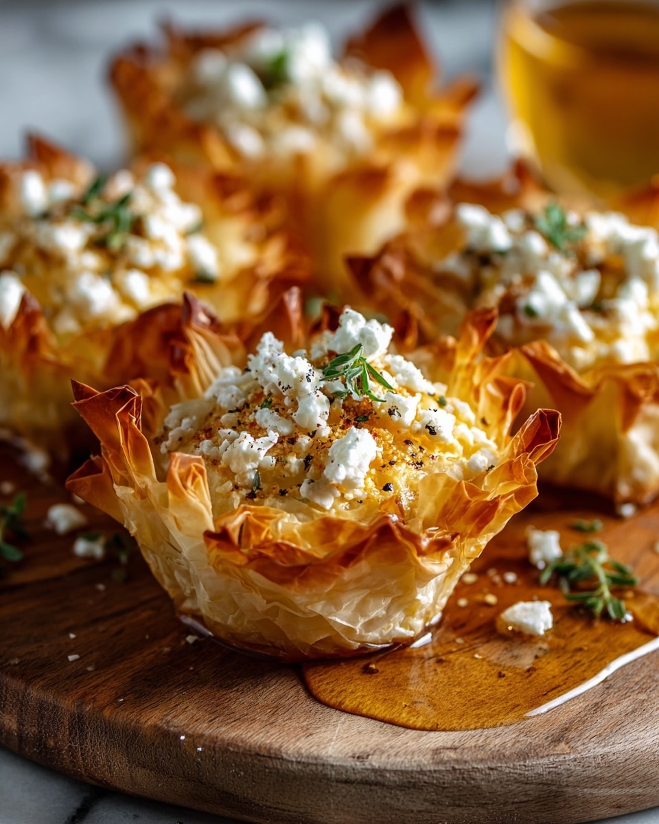 The image shows several small phyllo dough cups with crispy, golden-brown, flaky edges that rise above the cup shape, creating a crinkled texture. Inside each cup, there is a creamy, pale yellow filling topped with crumbled white cheese scattered unevenly, adding a soft texture. The cheese is garnished with small green herb leaves and a light sprinkling of seasoning, and the cups are drizzled with shiny, amber-colored honey that pools slightly on the white marbled surface beneath the round wooden board they rest on. The background is softly blurred, focusing attention on the warm, inviting color and texture contrast of the phyllo cups. Photo taken with an iphone --ar 4:5 --v 7