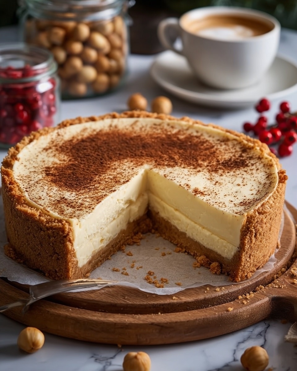 A slice of creamy pie is shown on a white plate with swirled edges, sitting on a white marbled surface with cinnamon sticks nearby. The pie has three layers: a dark brown crumbly crust at the bottom, a thick pale yellow smooth custard layer in the middle, and a swirl of white whipped cream topped with a sprinkle of brown spice on top. In the background, there is a white cup filled with a brown beverage and a glass of milk, with blurred warm yellow lights and green pine branches giving a cozy feel. Photo taken with an iphone --ar 4:5 --v 7