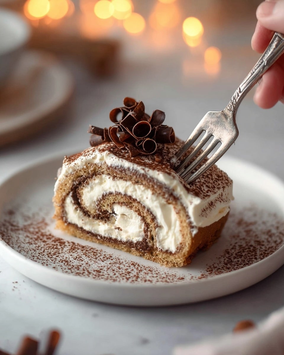 A rolled cake with three visible layers, the innermost spiral is light brown sponge, surrounded by a creamy white layer, repeats twice to create a swirl pattern; the outside is fully covered with white cream and dusted evenly with cocoa powder on top and sides; three dark brown chocolate curls are placed on top in a row. The cake is resting on a rectangular white marble board with a few scattered pieces of dark chocolate and cocoa powder around it. In the blurry background, there is a white cup filled with a dark beverage, some green leaves, and yellow glowing lights. The surface is white marble texture. photo taken with an iphone --ar 4:5 --v 7