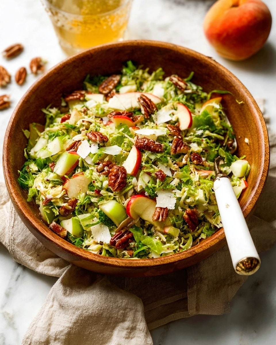 A wooden bowl filled with a colorful salad featuring multiple layers, starting with chopped green Brussels sprouts as the main base. Interspersed are light green celery slices, small red apple pieces, and toasted brown pecan halves scattered evenly throughout. Some small, round, caramelized Brussels sprout halves add texture, and white shaved cheese or nuts are sprinkled on top. Two salad servers with gold ends and white handles rest inside the bowl. The bowl sits on a white marbled surface, next to a peach and a glass jar of yellow dressing. Photo taken with an iphone --ar 4:5 --v 7