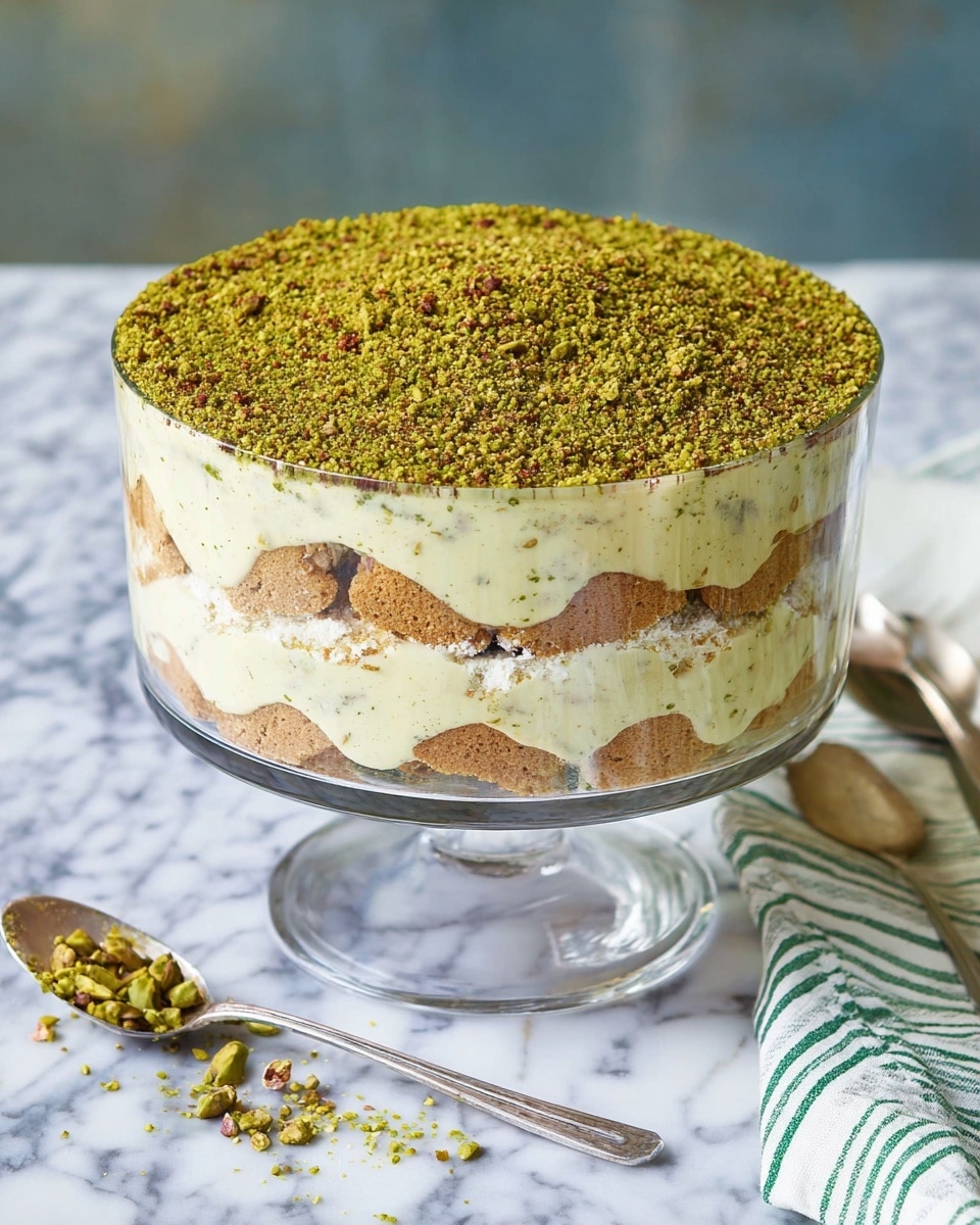 The image shows a square slice of layered dessert on a white plate with a silver fork next to it. It has three main layers: a bottom and middle layer of light brown coffee-soaked ladyfinger biscuits, soft and slightly textured; a creamy pale green pistachio-flavored mousse layer between and above the biscuits, fluffy and smooth; and a topping of finely chopped bright green pistachios covering the entire top surface evenly. The background features a white marbled texture with soft focus, including a glass of dark coffee and a white pitcher. Another slice of the same dessert is blurred in the background. Photo taken with an iphone --ar 4:5 --v 7