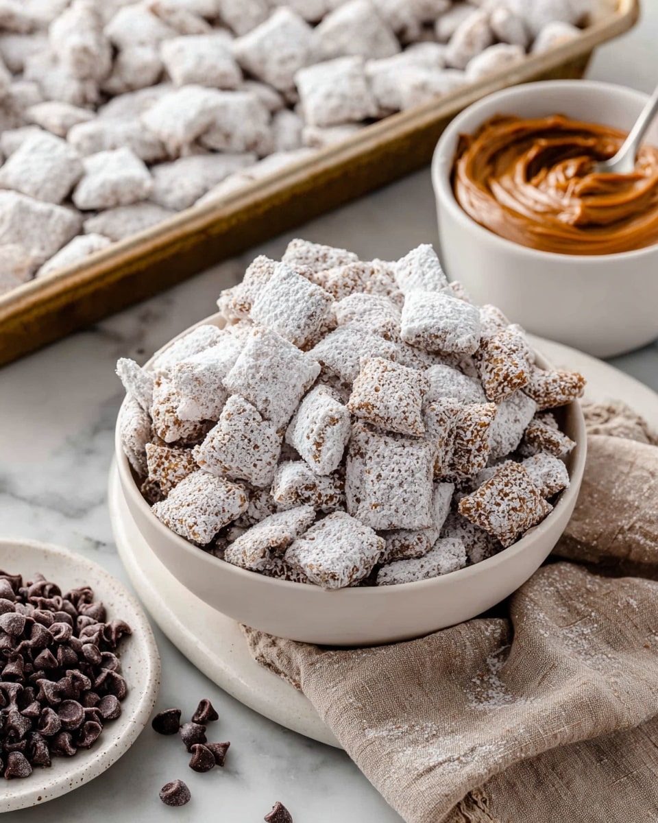 A clear glass bowl filled with bite-sized square cereal pieces covered in a thick layer of white powdered sugar, giving them a rough, slightly uneven texture. The cereal pieces are mostly light brown beneath the sugar coating, and they are piled high inside the bowl. In the background, a larger clear glass container also filled with the same cereal is visible. The bowl sits on a surface with a white marbled texture. photo taken with an iphone --ar 4:5 --v 7