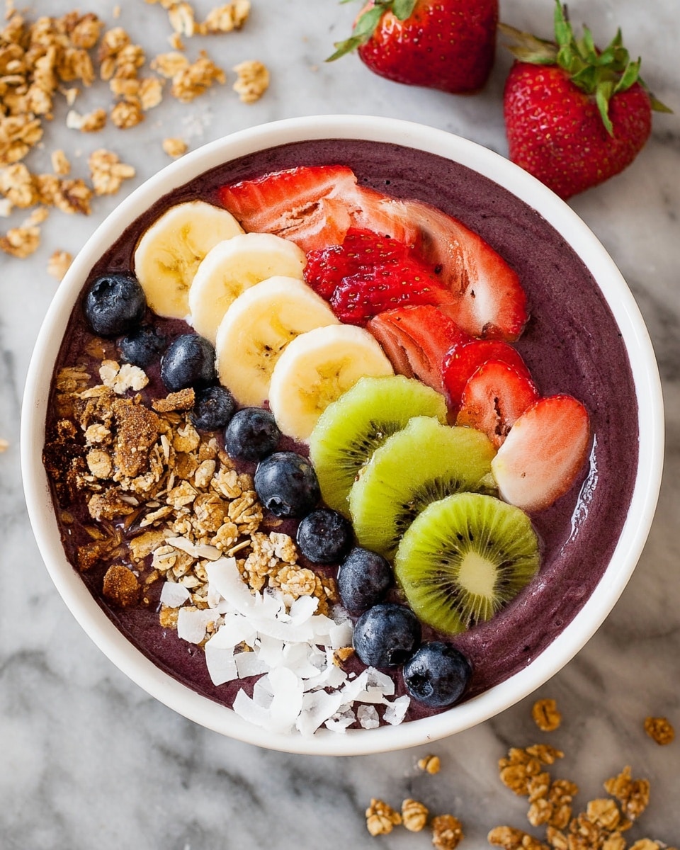 A deep purple smoothie is being poured from a clear blender into a white speckled bowl, filling it with a thick, smooth texture. In the background, there is another white bowl already filled with the same purple smoothie and topped with layers of sliced strawberries in red, banana slices in light yellow, granola in brown, and white coconut flakes arranged neatly. Below, there is a small white bowl filled with sliced strawberries. The scene is set on a white marbled surface, with a woman's hand holding the blender. photo taken with an iphone --ar 4:5 --v 7